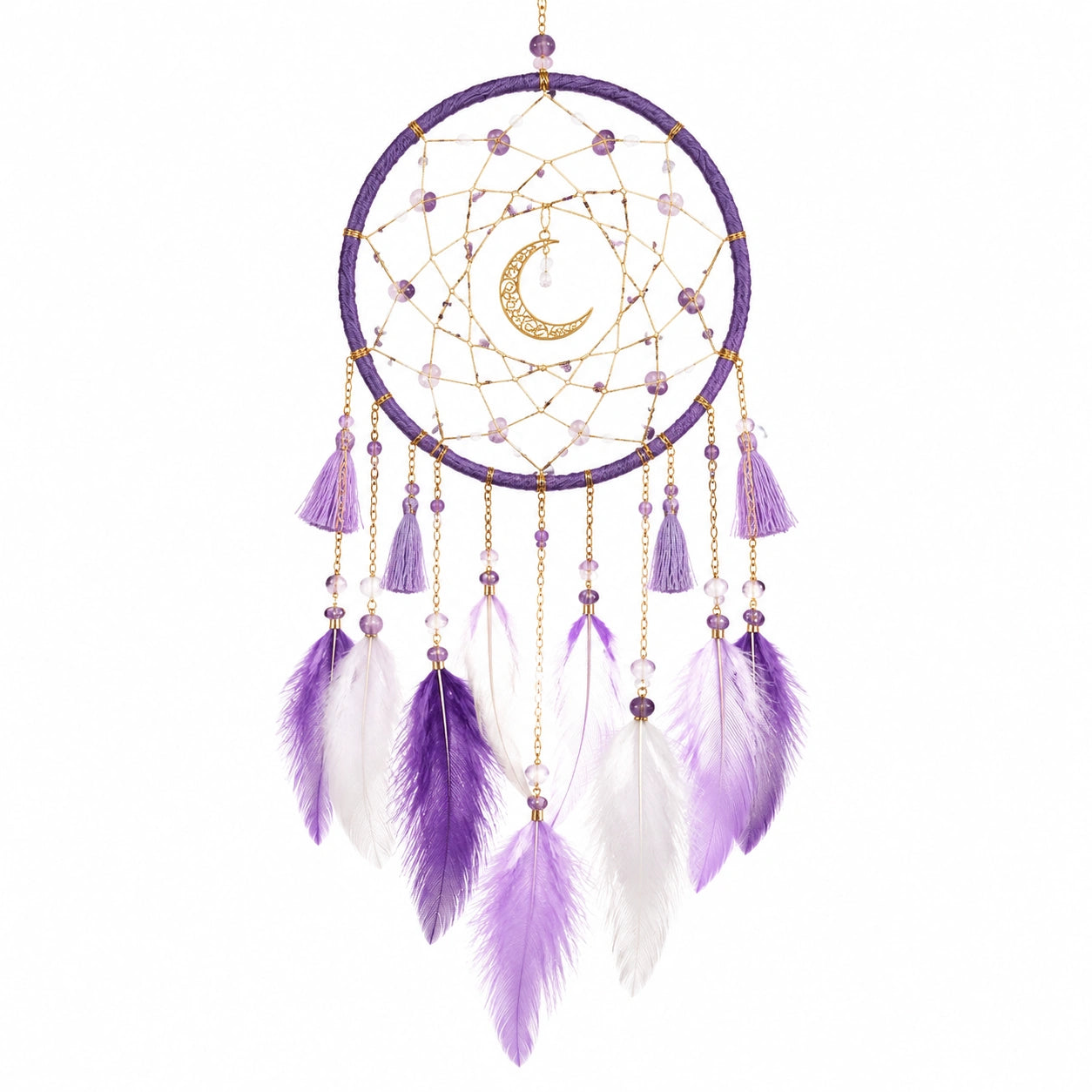Acchiappasogni da parete 30 x 70 cm in tessuto viola con piume e luna decorativo
