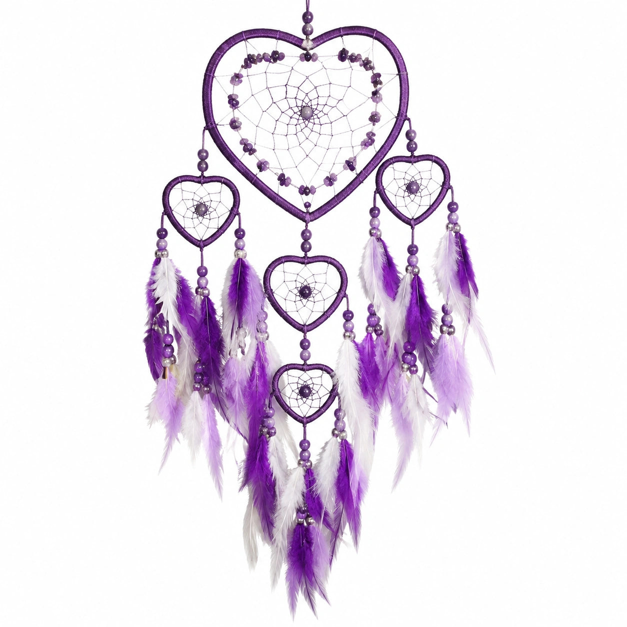 Acchiappasogni da parete 30 x 70 cm viola e bianco con piume e perline stile boho