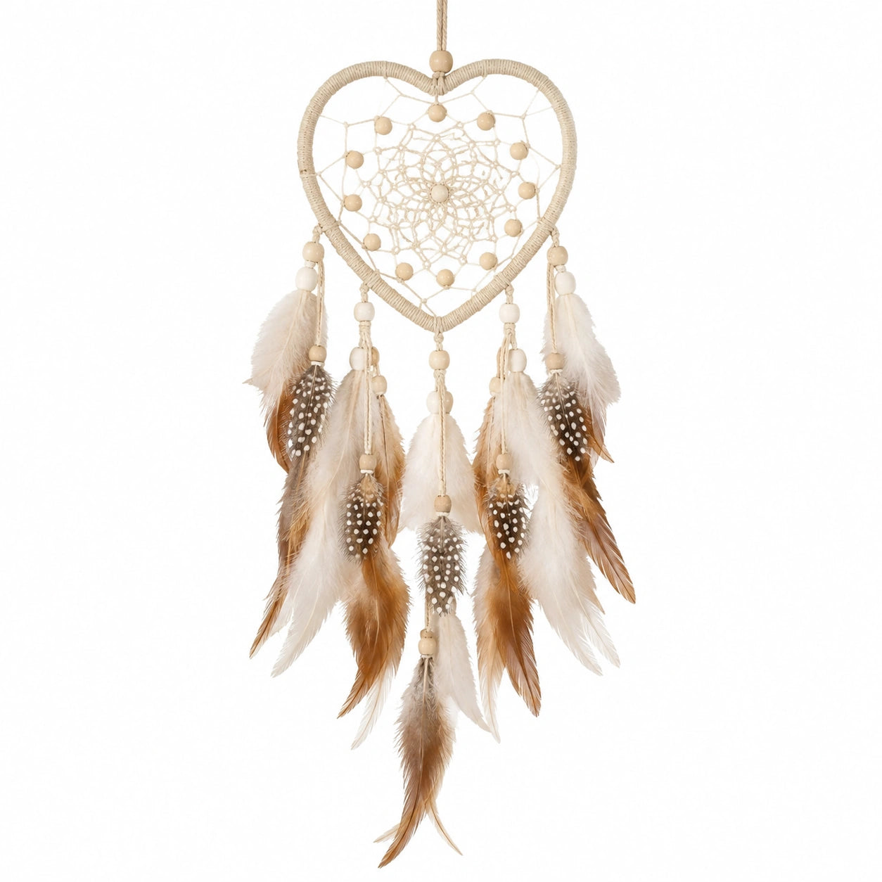 Acchiappasogni a cuore 20 x 55 cm in cotone beige e piume decorative stile boho da parete