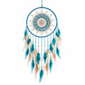 Acchiappasogni sospeso 30 x 80 cm in filo turchese e beige con piume stile boho