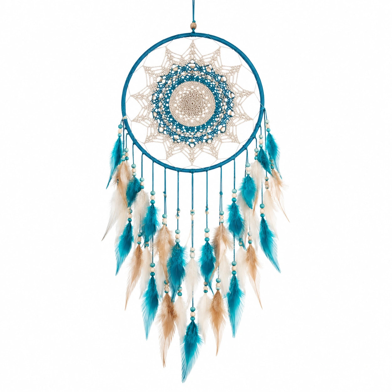 Acchiappasogni sospeso 30 x 80 cm in filo turchese e beige con piume stile boho
