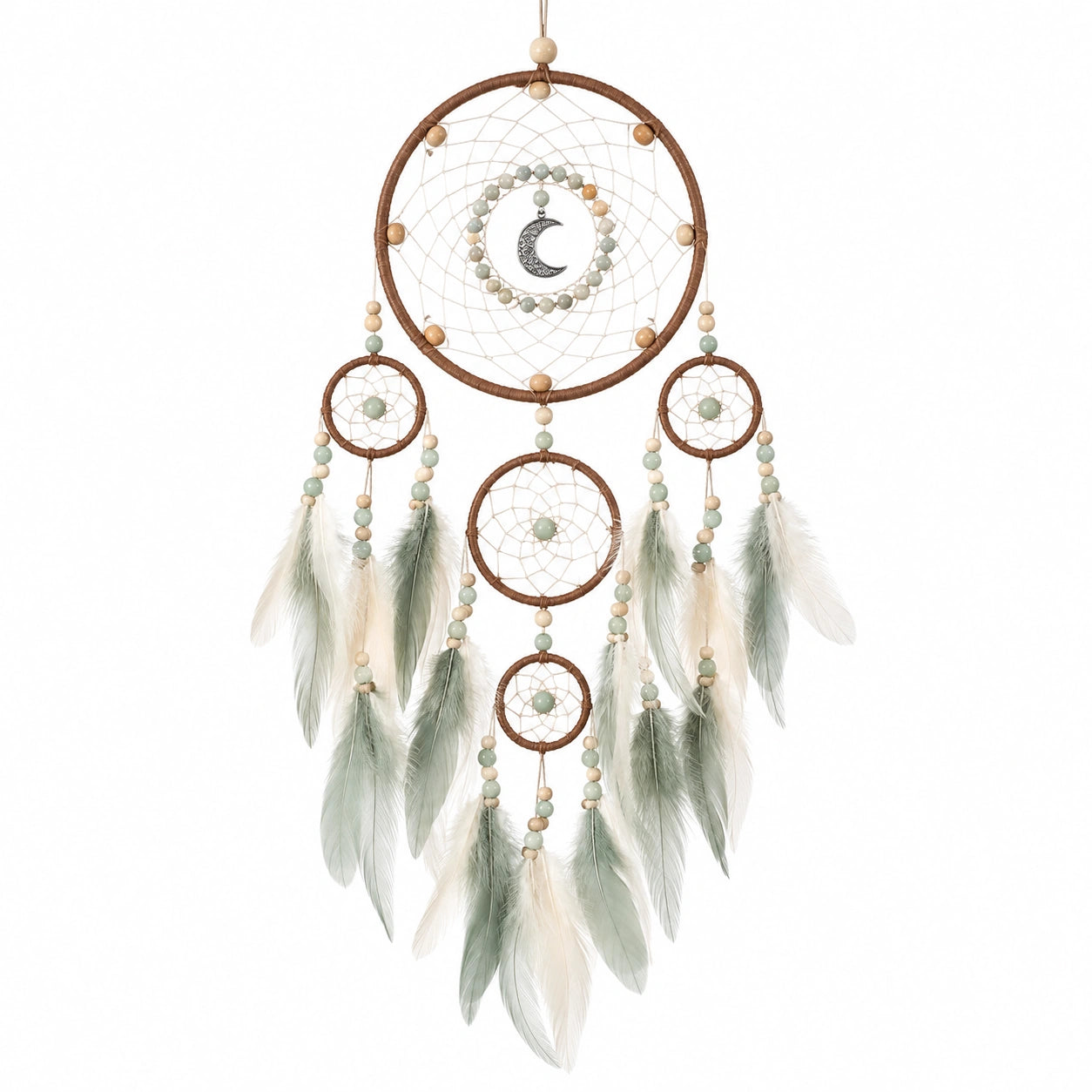 Acchiappasogni da parete 40 x 90 cm in legno filo e piume verde salvia beige - Decorazione sospesa boho