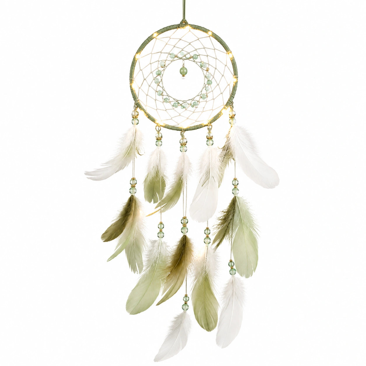 Acchiappasogni sospeso 30 x 80 cm con piume e luci decorative verde salvia