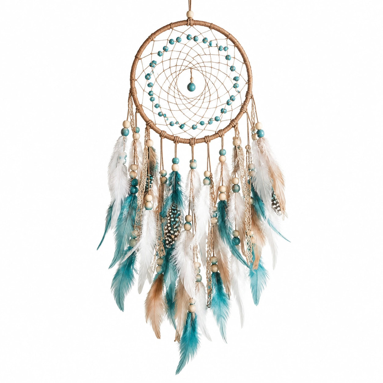 Acchiappasogni da parete 40 x 90 cm con piume e perline turchese beige stile boho