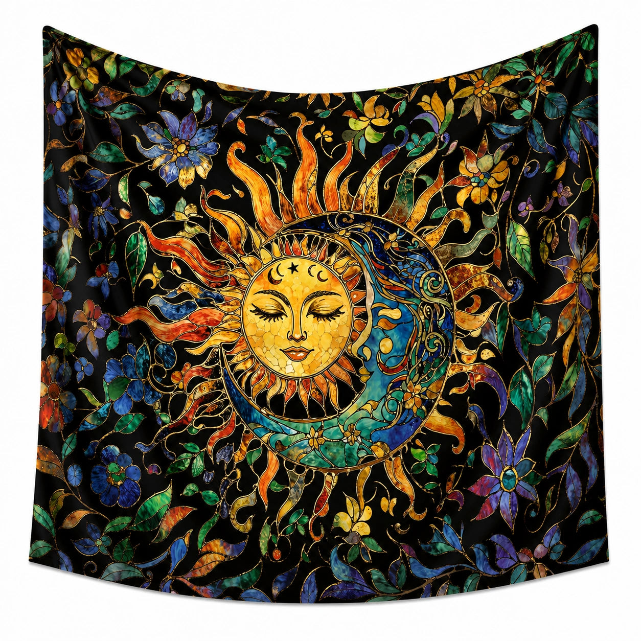 Arazzo da parete 150 x 130 cm in poliestere nero multicolore con sole e luna stile floreale decorativo