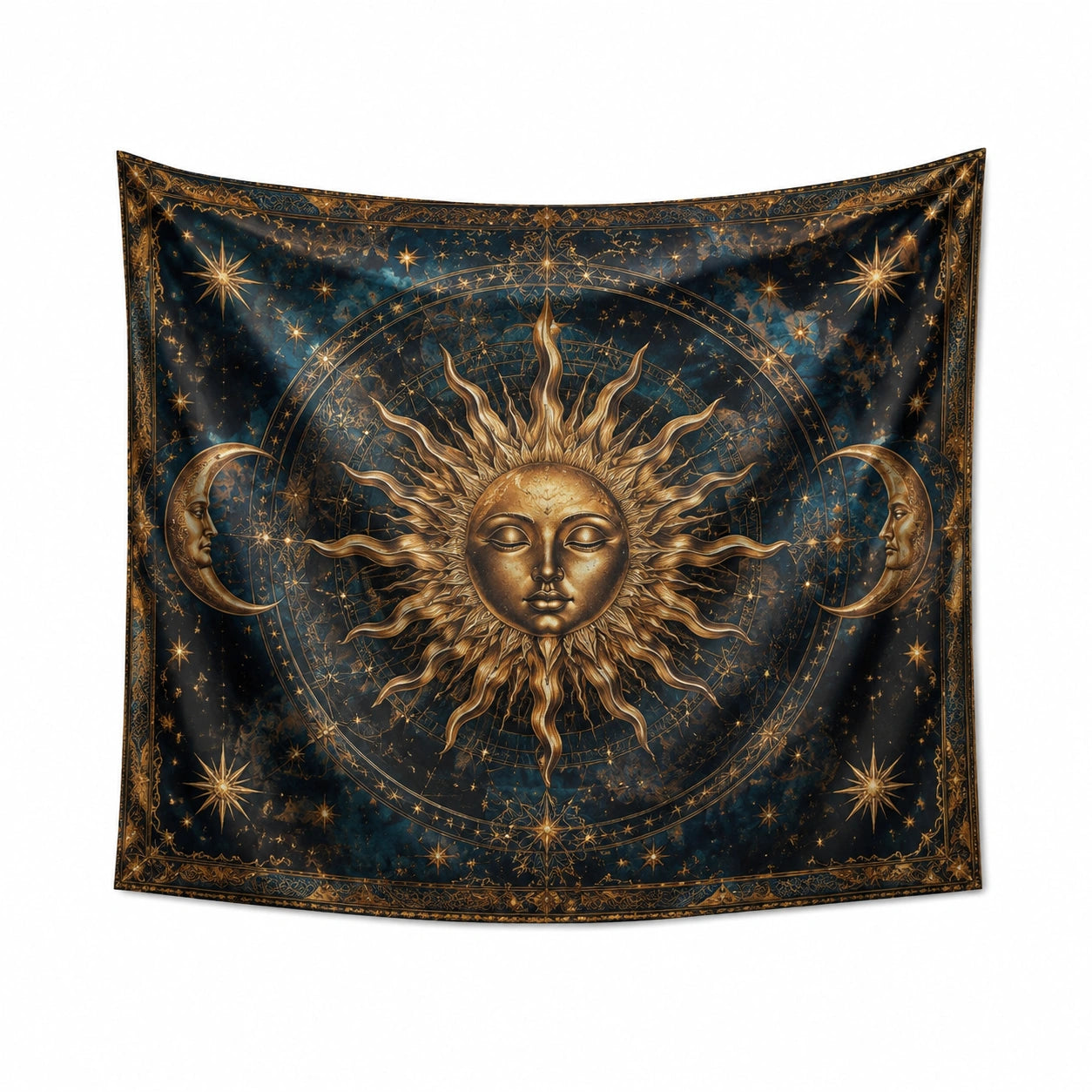 Arazzo da parete 150 x 150 cm in poliestere blu scuro e oro con sole e luna stile celeste