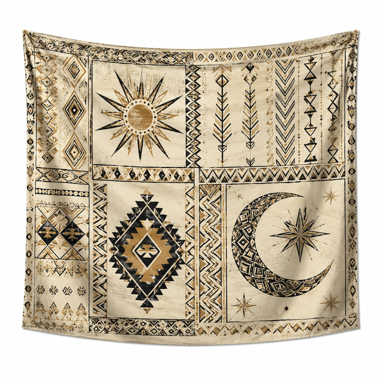 Arazzo da parete 150 x 150 cm in poliestere beige nero oro - motivo geometrico celeste decorativo