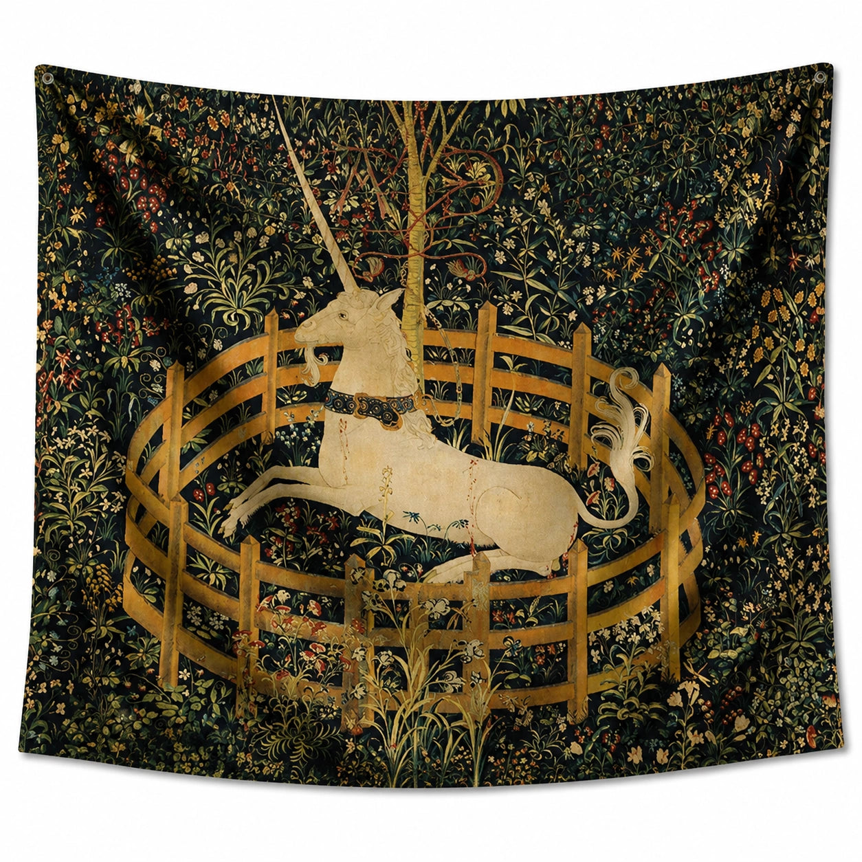 Arazzo da parete 150 x 130 cm in tessuto nero e multicolore con unicorno decorazione floreale