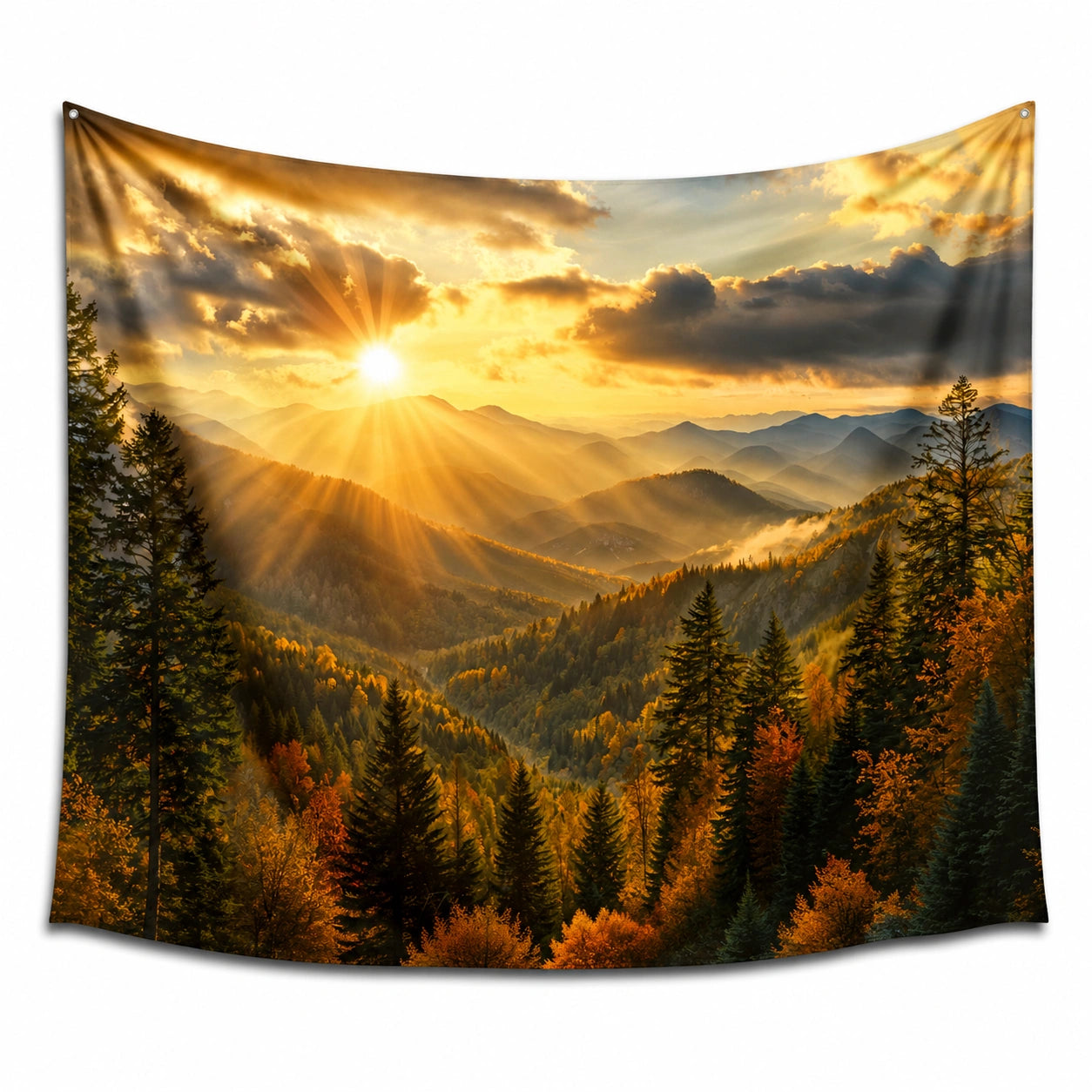 Arazzo da parete 150 x 130 cm in poliestere con paesaggio montano dorato - decorazione murale con occhielli