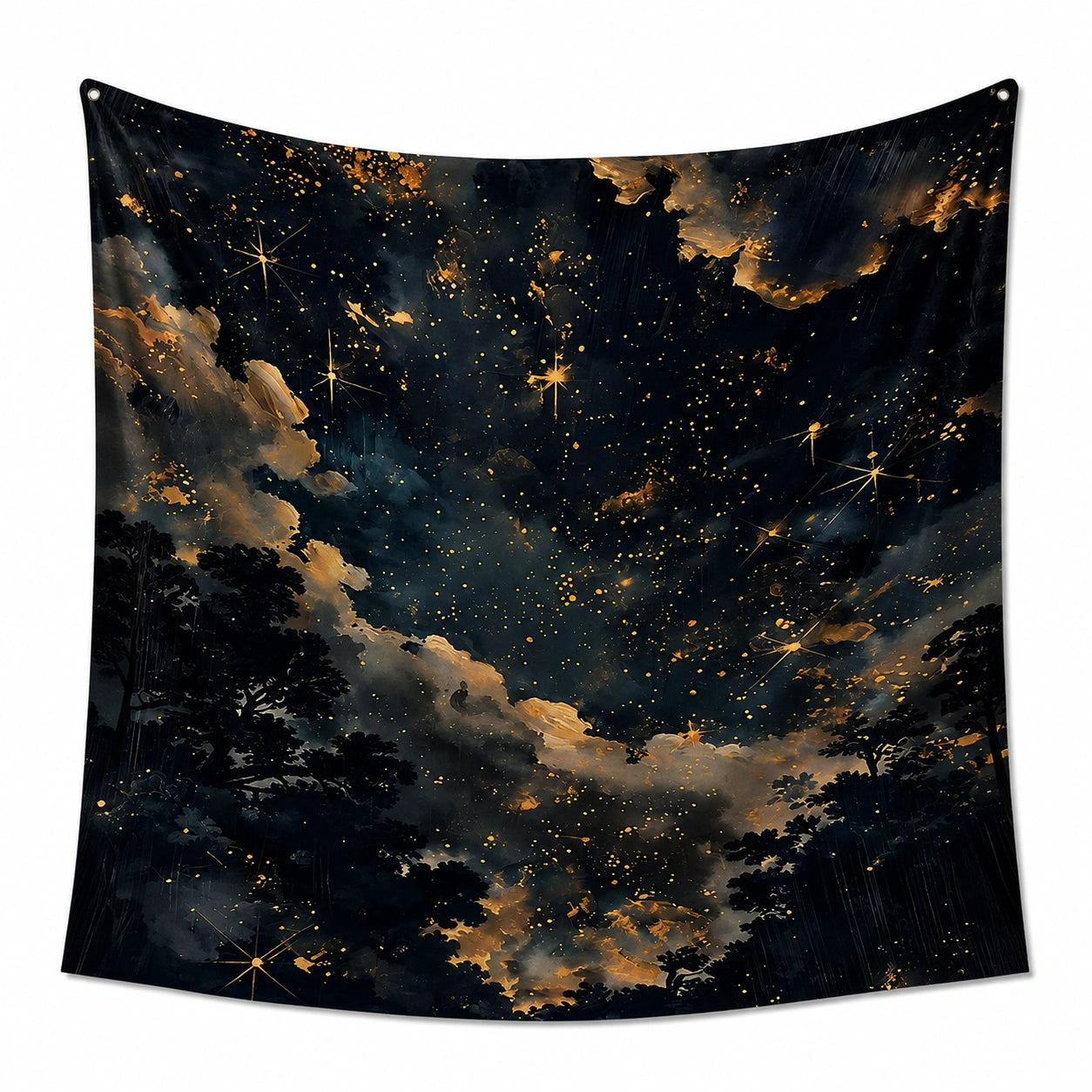 Arazzo da parete 150 x 150 cm in poliestere nero e oro con cielo stellato