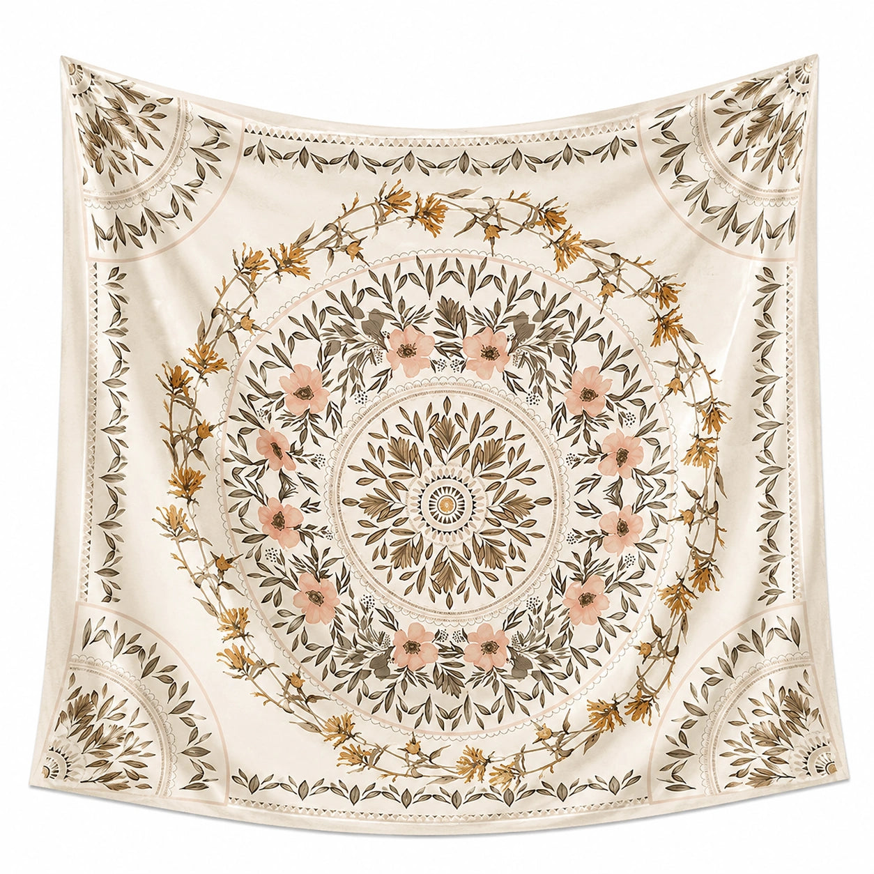 Arazzo da parete 150 x 150 cm in poliestere beige con motivo floreale decorativo