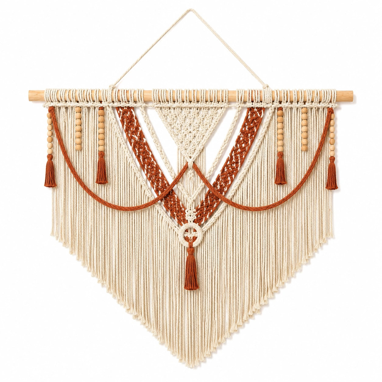 Arazzo da parete 80 x 100 cm in cotone beige e terracotta con frange stile bohémien