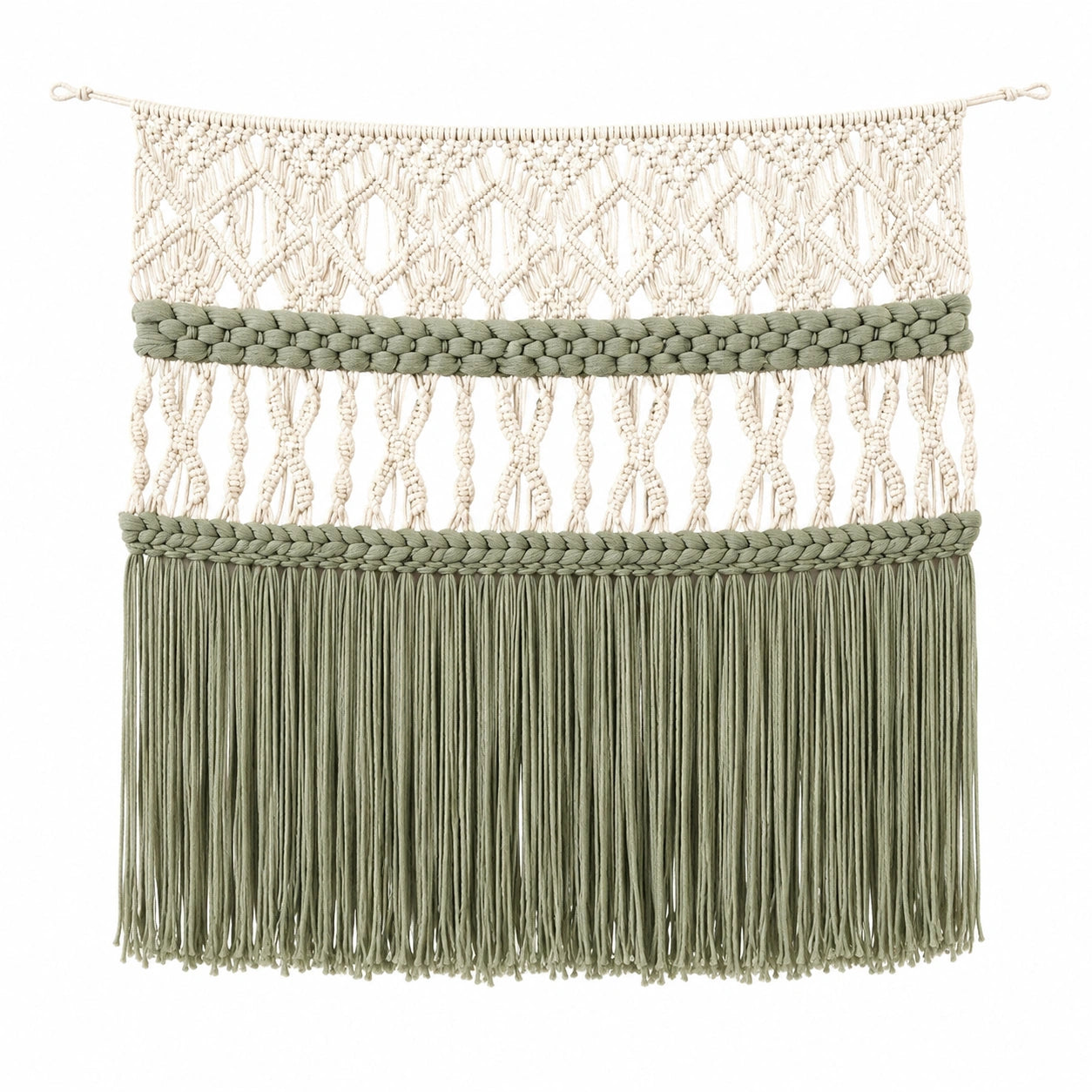 Arazzo da parete 90 x 100 cm in cotone beige e verde salvia con frange stile boho