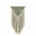 Arazzo da parete in macramè 50 x 90 cm verde salvia e beige con frange stile boho