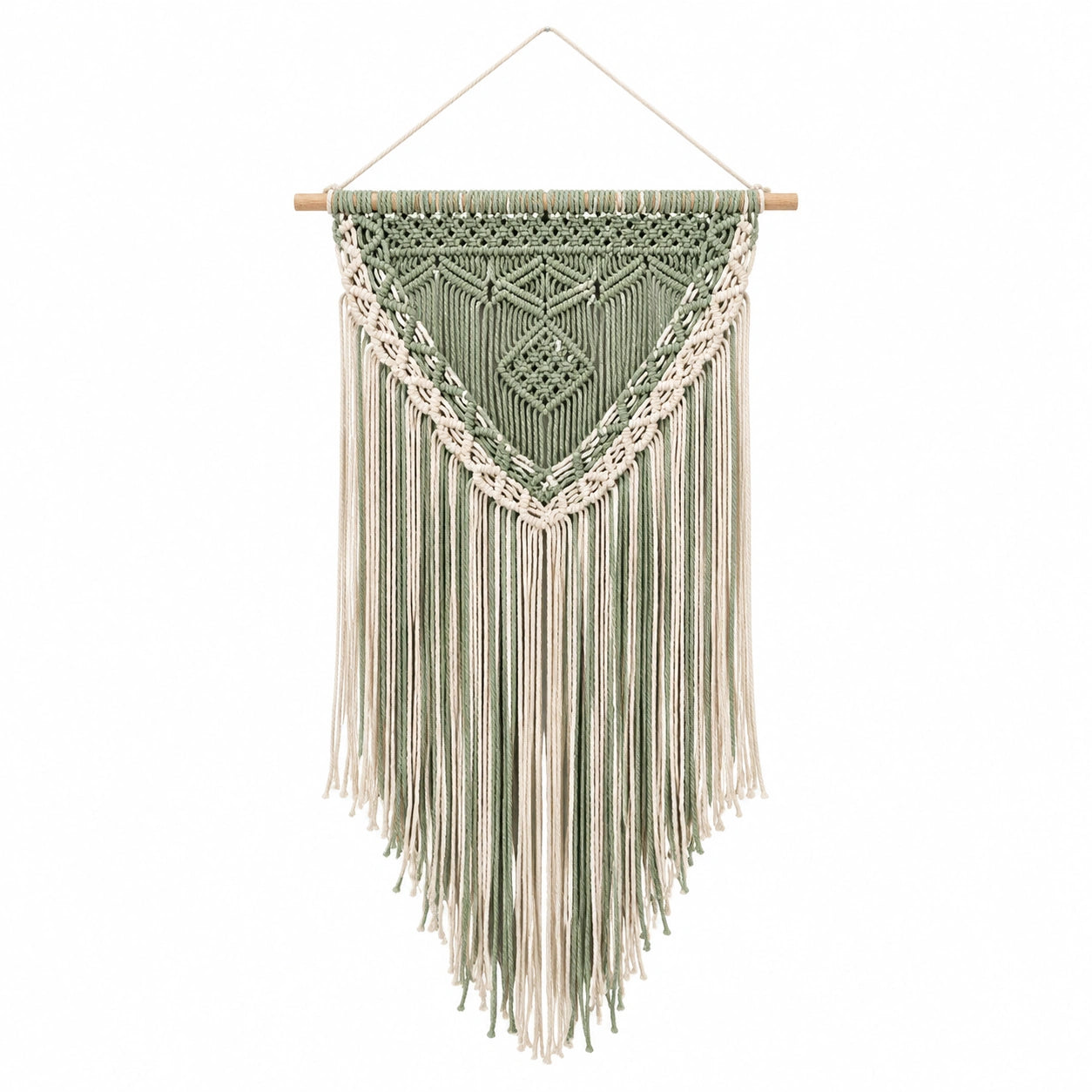 Arazzo da parete in macramè 50 x 90 cm verde salvia e beige con frange stile boho