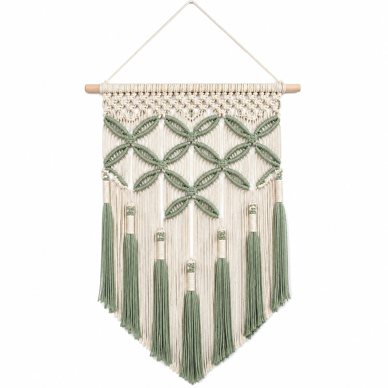 Arazzo da parete in macramè 50 x 85 cm in cotone beige e verde con frange stile boho