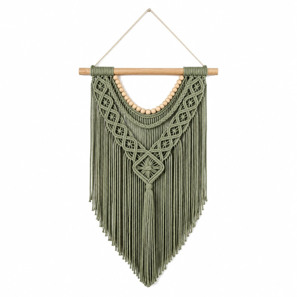 Arazzo da parete in macramè 50 x 90 cm verde salvia con frange e asta in legno