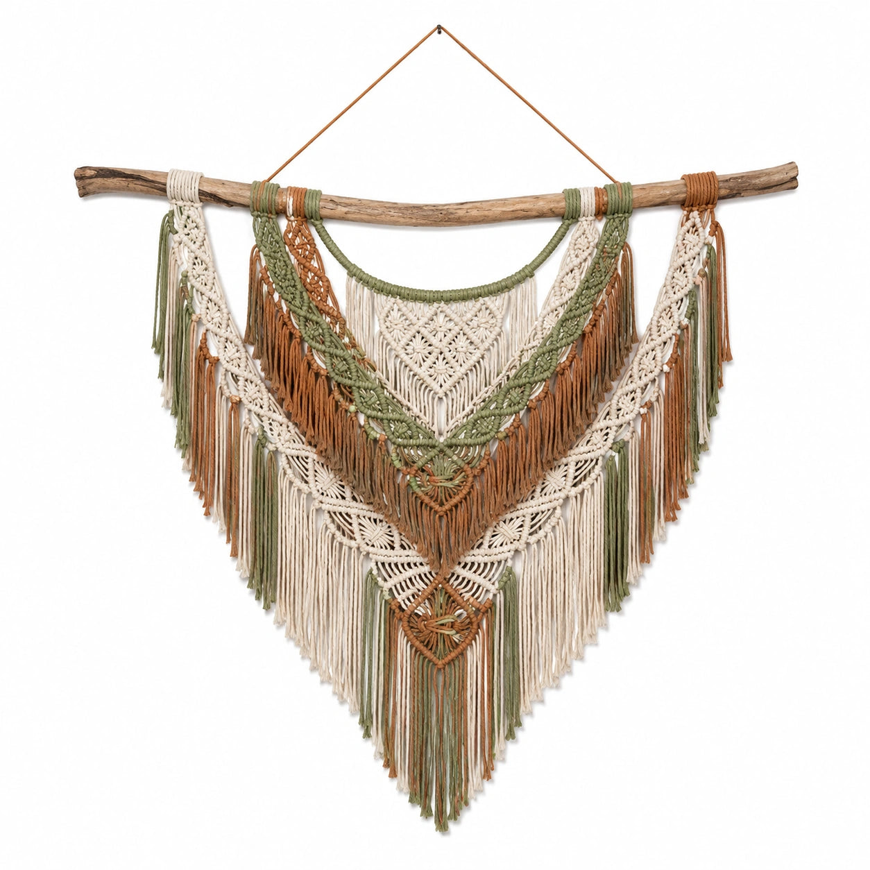 Arazzo da parete in macramè 100 x 120 cm in cotone beige verde e marrone con frange stile bohémien