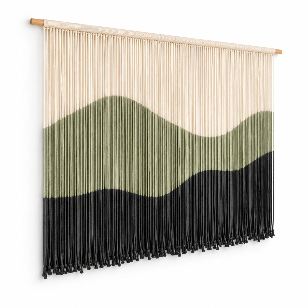 Arazzo da parete 100 x 90 cm in corda tessile beige verde e nero con frange stile boho