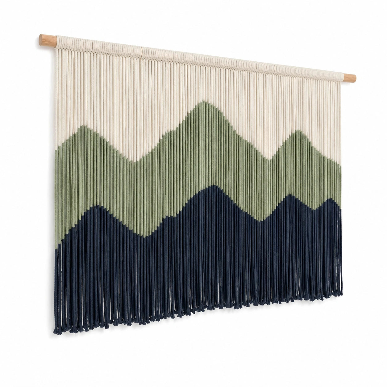 Arazzo da parete 90 x 100 cm in corda di cotone beige verde e blu con asta in legno stile boho