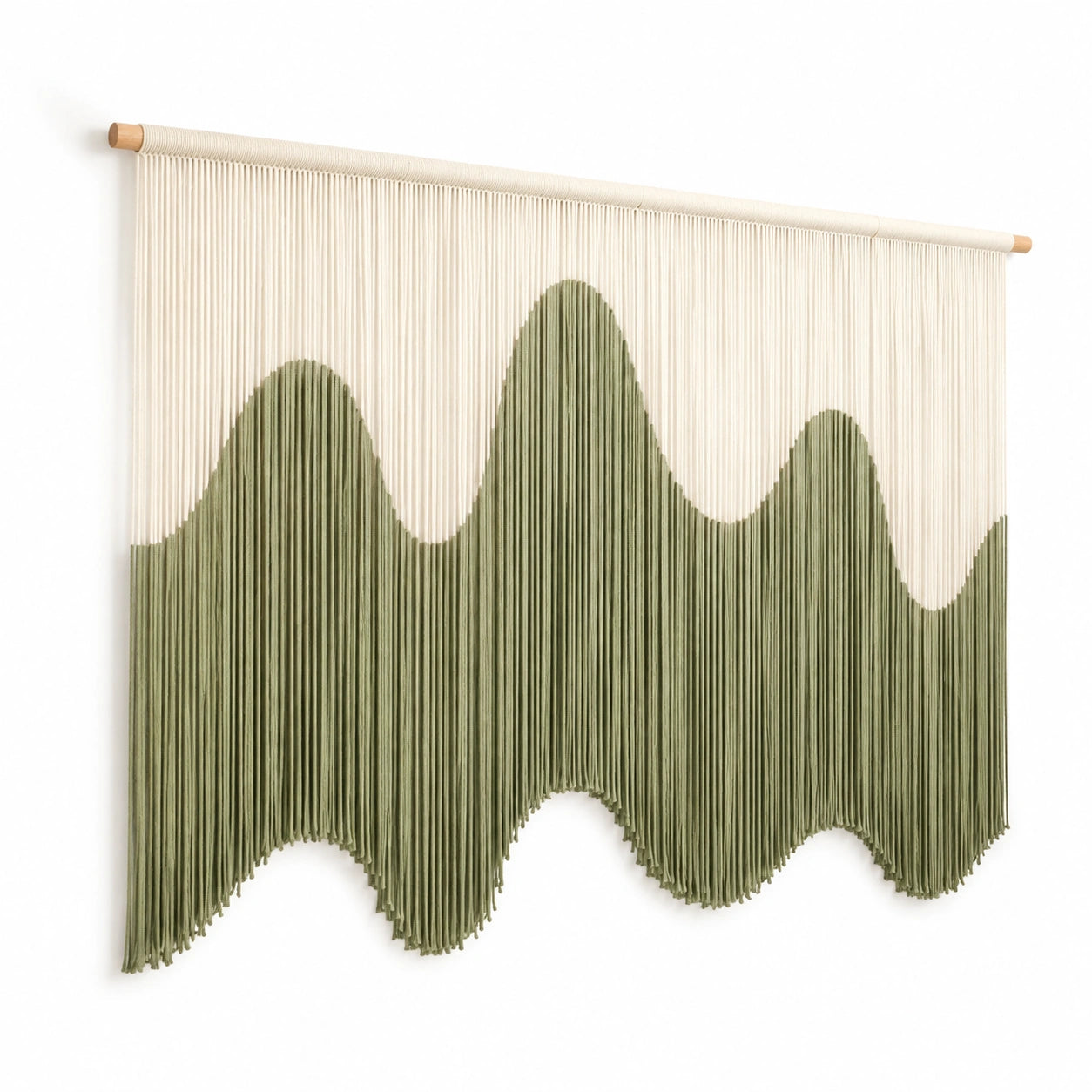 Arazzo da parete 100 cm x 100 cm in corda tessile verde salvia e avorio - decorazione bohémien con frange