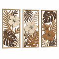 Set di 3 pannelli decorativi da parete 30 x 80 cm in legno marrone beige con fiori e foglie tropicali