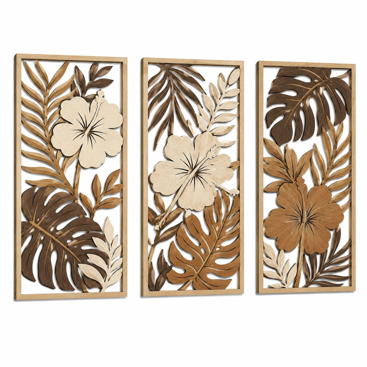 Set di 3 pannelli decorativi da parete 30 x 80 cm in legno marrone beige con fiori e foglie tropicali