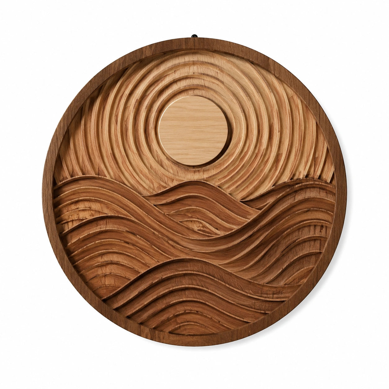 Decorazione da parete rotonda 60 cm in legno marrone con sole e onde stile naturale