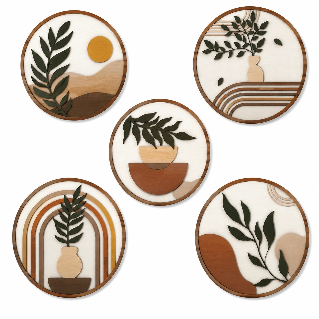 Set di 5 decorazioni da parete rotonde diametro 30 cm in legno multicolore stile botanico