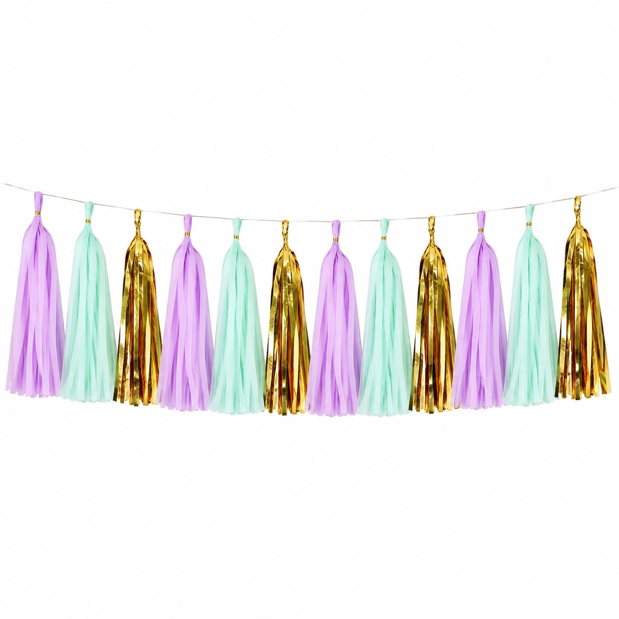 Ghirlanda decorativa 300 x 45 cm in carta velina lilla menta e oro per feste
