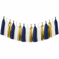 Ghirlanda decorativa con 16 nappe 300 x 30 cm in carta blu navy bianco e oro per feste