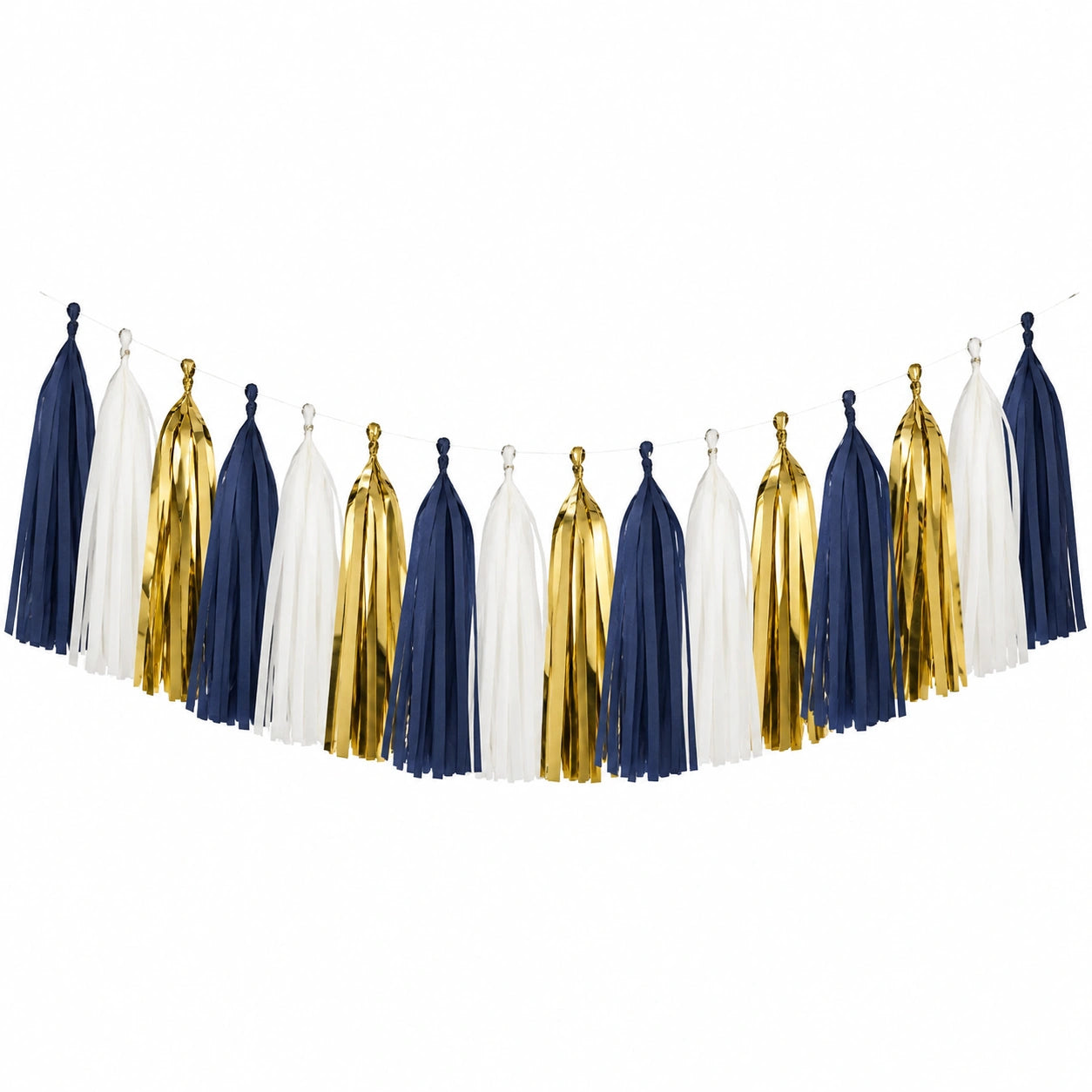 Ghirlanda decorativa con 16 nappe 300 x 30 cm in carta blu navy bianco e oro per feste